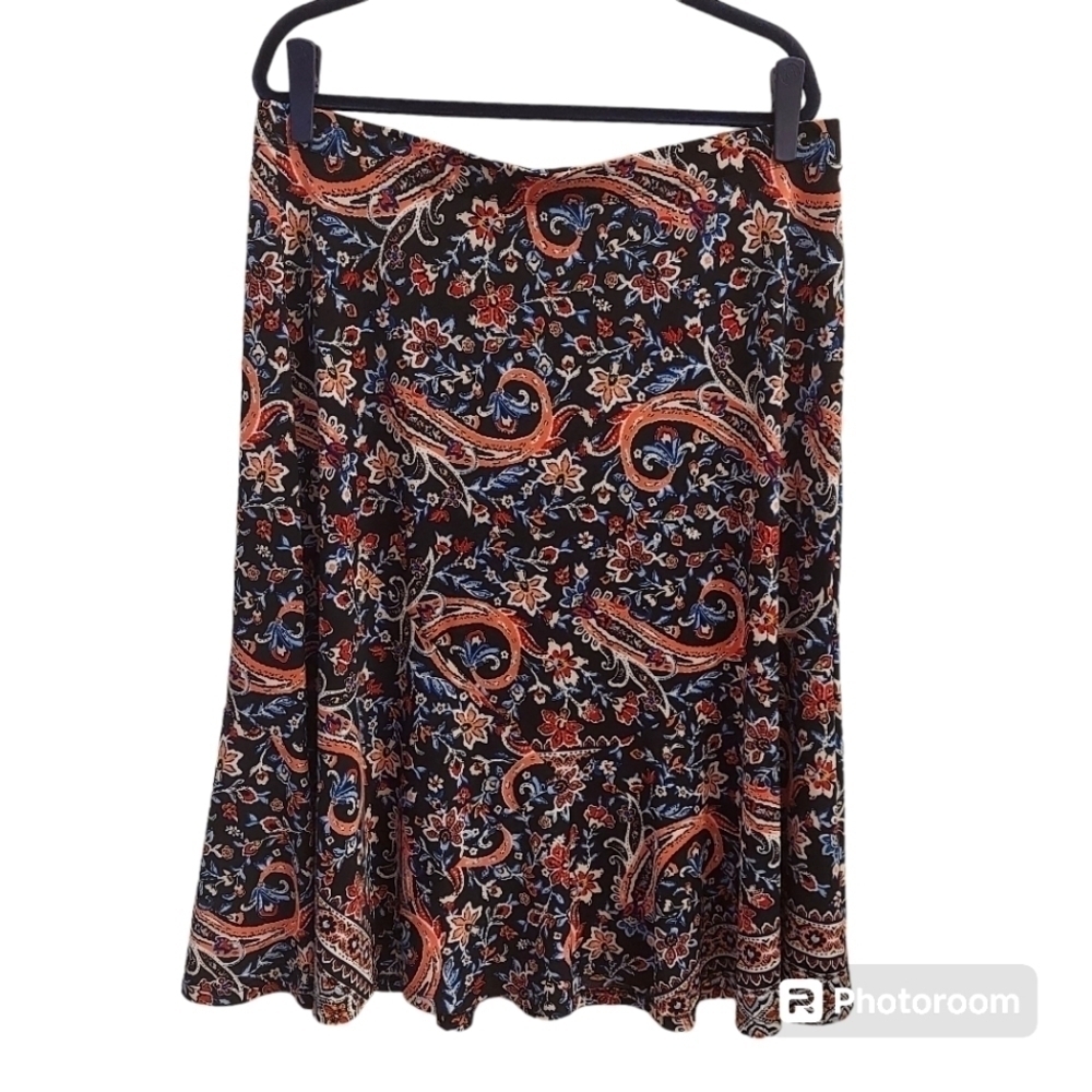 ROZ & ALI XL Navy Paisley Pull On Midi Skirt Cottagecore